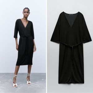 Zara dress with belt 🖤 midi length v neck kimono sleeve straight cut 🖤 black L